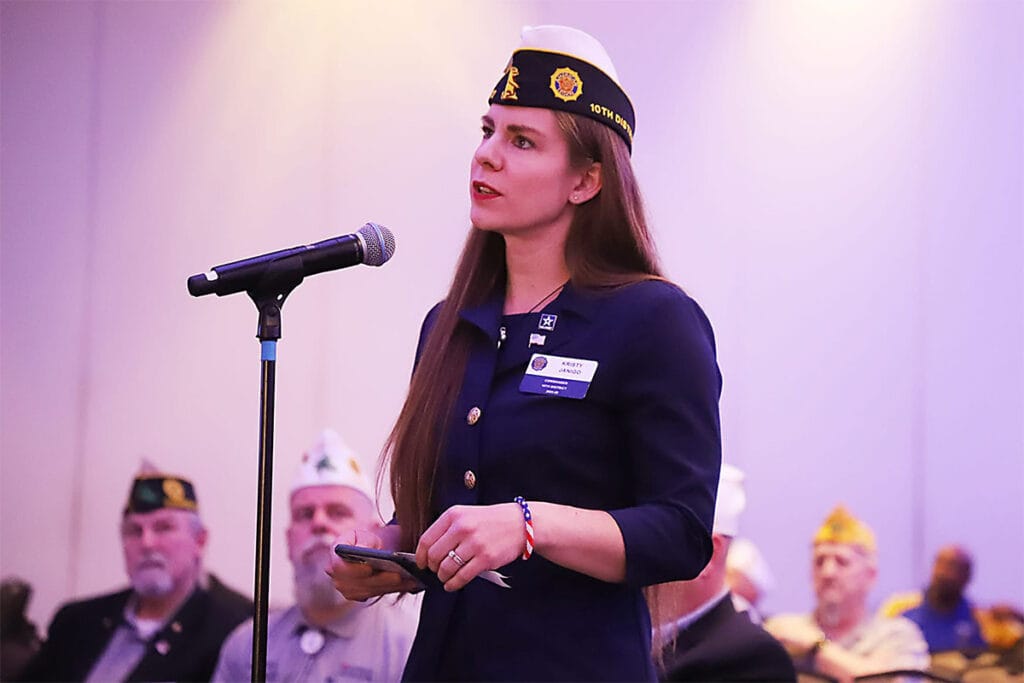 Kristy speaking in her VFW hat.